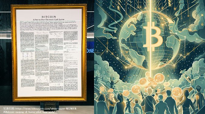 A framed copy of the "Bitcoin: A Peer-to-Peer Electronic Cash System" white paper is displayed on the NYSE floor, celebrating Satoshi Nakamoto's 2008 release that revolutionized finance and inspired the crowd depicted in the illustration below.