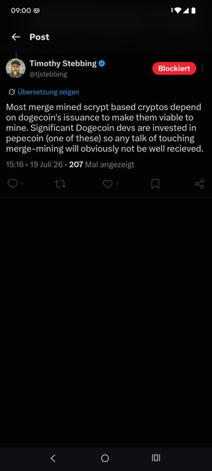 A screenshot of a tweet by Timothy Stebbing (@tjstebbing) stating 'Most merge mined scrypt based cryptos depend on dogecoin's issuance to make them viable to mine. Significant Dogecoin devs are invested in pepecoin (one of these) so any talk of touching merge-mining will obviously not be well recieved.'