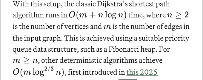 A text excerpt discussing Dijkstra's shortest path algorithm, mentioning O(m + n log n) time complexity and Fibonacci heap, with 'this 2025' visible as a link.