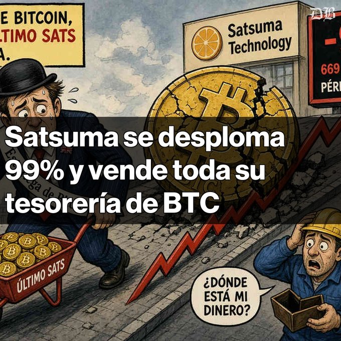 A cartoon-style illustration about Bitcoin with Spanish text reading 'Satsuma se desploma 99% y vende toda su tesorería de BTC', showing a distressed man with a wheelbarrow of coins and another asking '¿Dónde está mi dinero?'