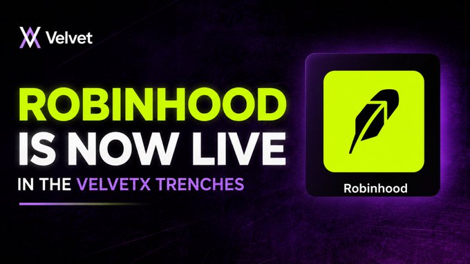 Promotional graphic for Velvet announcing 'ROBINHOOD IS NOW LIVE in the VELVETX TRENCHES' with the Robinhood logo and green-and-purple branding.