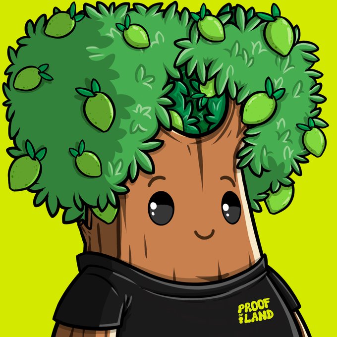 A cartoon illustration of a cute tree-like character with a wooden face, lush green foliage on top adorned with lemons, wearing a black t-shirt with 'PROOF of LAND' text on a yellow background.