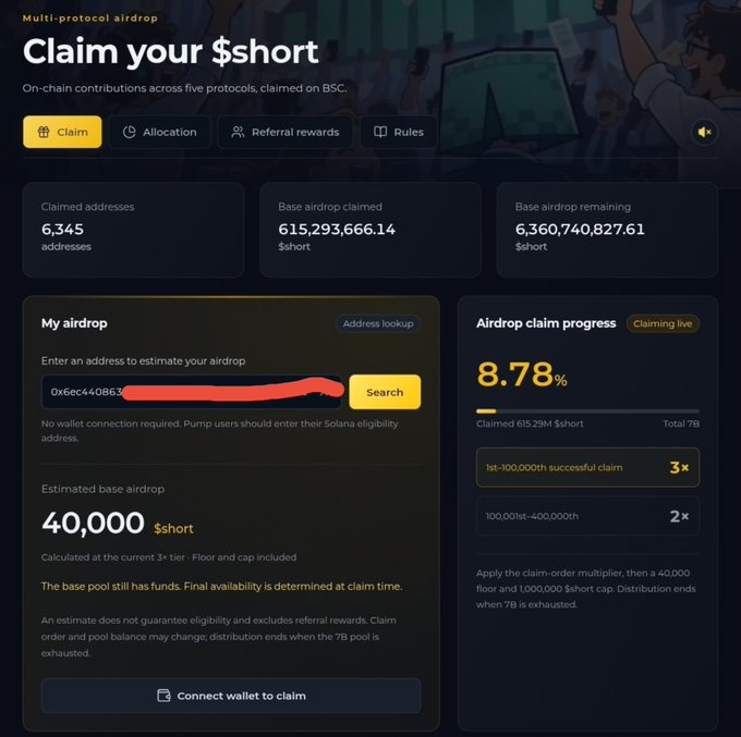 A cryptocurrency airdrop webpage titled "Claim your $short" showing multi-protocol airdrop statistics, including 6,345 claimed addresses and an estimated base airdrop of 40,000 $short for the entered wallet address.