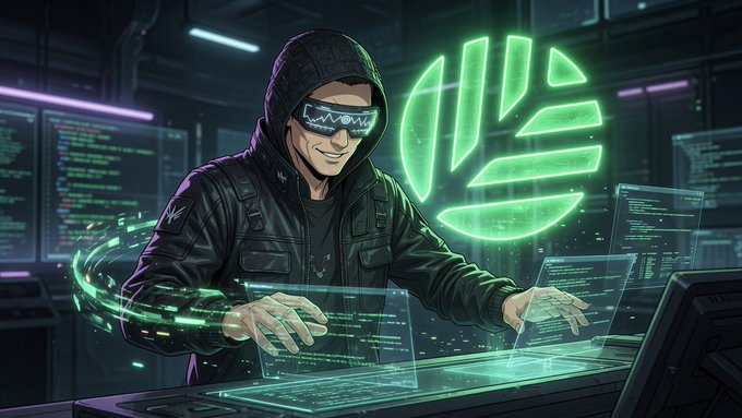 An illustration of a smiling hacker in a hooded jacket and digital goggles working on holographic code displays with a green glowing logo behind him.