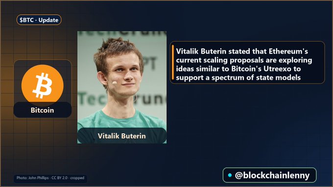 An informational graphic titled '$BTC - Update' featuring Vitalik Buterin, with text stating he mentioned Ethereum's scaling proposals are exploring ideas similar to Bitcoin's Utrexo to support a spectrum of state models, credited to @blockchainlenny.