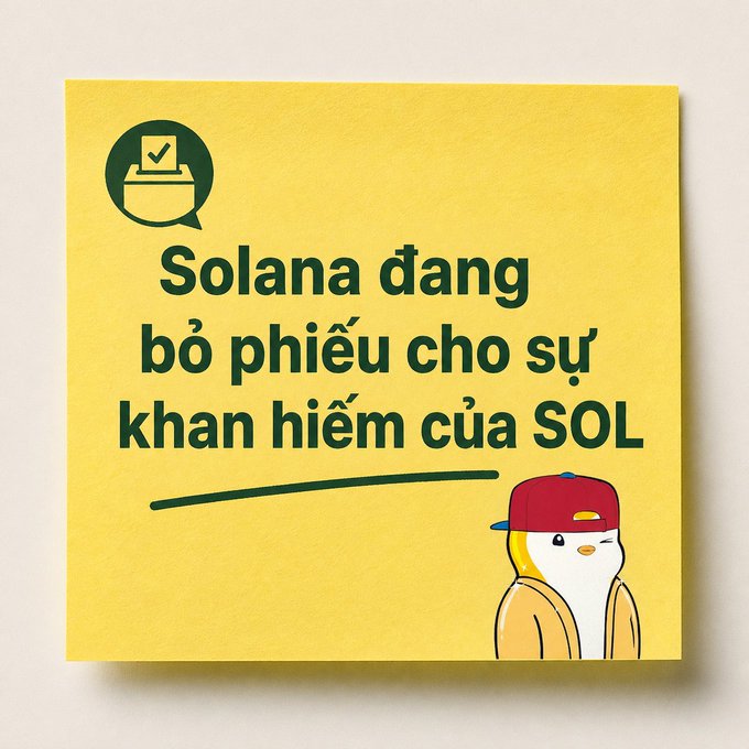 A yellow sticky note with Vietnamese text reading "Solana đang bỏ phiếu cho sự khan hiếm của SOL" (Solana is voting on SOL scarcity), accompanied by a ballot box icon and a cartoon penguin character, visually reinforcing the post about Solana's governance proposals (SIMD 0550 and Resource Fee) targeting SOL issuance rates.