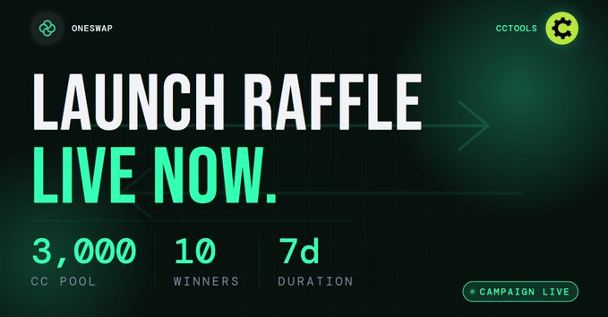 The image features a banner for an event that has just launched. The banner displays information about the raffle, including details such as the number of winners (10) and the duration of the event (7 days). It also mentions that there are 3,000 CC pool available for the raffle. The post is written in green text against a dark background, making it stand out prominently on social media platforms like Twitter or Instagram.