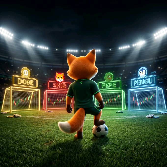 A digital illustration of a fox character standing on a soccer field with a ball at its feet, facing four goals labeled with crypto tickers: DOGE, SHIB, PEPE, and PENGU.