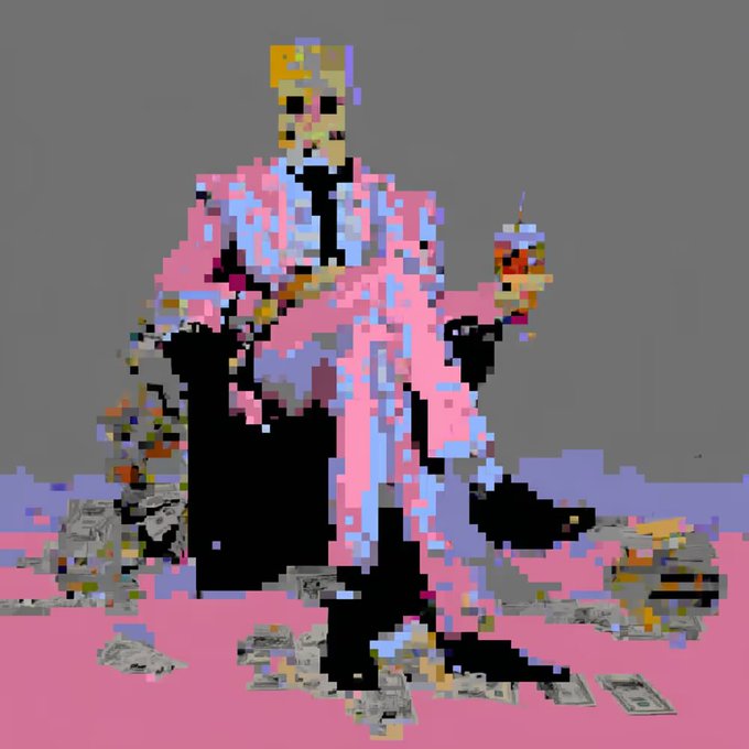 A pixelated/censored image depicting a figure in pink robes with money scattered around, appearing to be a heavily edited version of a classical painting.