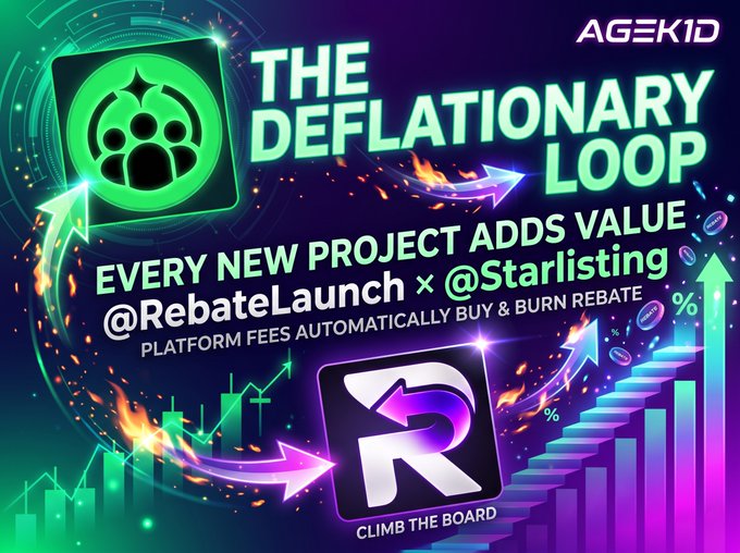 A colorful promotional graphic reads “AGEK1D THE DEFLATIONARY LOOP,” “EVERY NEW PROJECT ADDS VALUE,” and “@RebateLaunch x @Starlisting,” with text about platform fees being automatically bought and burned as rebate. A Rebate logo marked “CLIMB THE BOARD” appears below.