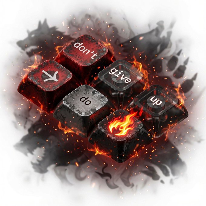 The image features a close-up view of a keyboard with flames coming from some keys, creating an intense and fiery atmosphere. The keyboard has six distinct keys, each representing different letters or symbols. The text "Don't give up" is written on the keys in red, emphasizing the message of perseverance and determination. The background of the image is white, which contrasts with the fiery elements of the keyboard and makes them stand out even more.