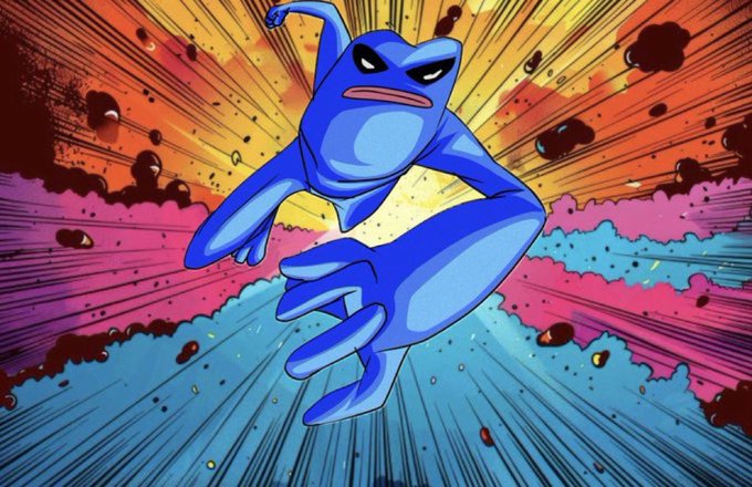 The image features a blue frog with its arms outstretched, as if ready for takeoff or an action-packed scene. The background of the image is a vibrant explosion of colors, creating a sense of energy and excitement. The text "It's time to make fwog what it once should've been'd" suggests that there might be a connection between the frog in the image and the post about making fwogs.