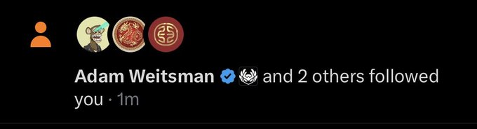 A Twitter notification shows Adam Weitsman (verified) along with two other accounts followed the user 1 minute ago, with profile icons featuring a cartoon character, a pizza, and a brown logo. The notification relates to a post praising Adam Weitsman's role in leading the way for Web3 NFT projects to donate profits to charity, highlighting how the web3 space can be used for doing good.