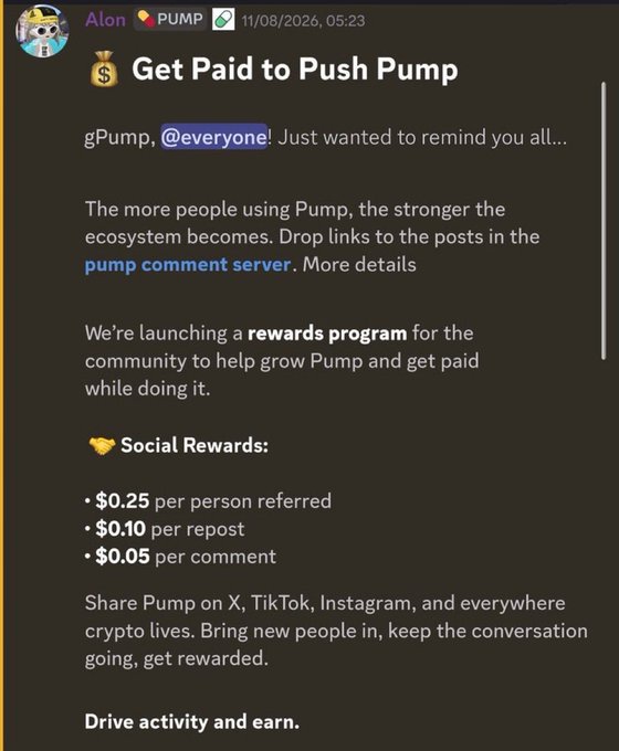 A Telegram-style post from 'Alon' announcing 'Get Paid to Push Pump' with social rewards of $0.25 per referral, $0.10 per repost, and $0.05 per comment.