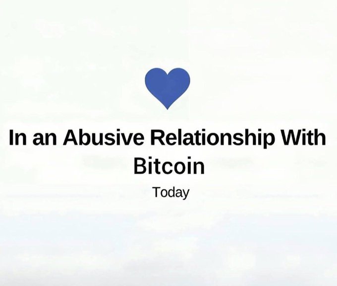 A meme image with a blue heart and text reading 'In an Abusive Relationship With Bitcoin' marked 'Today'.