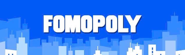 A blue graphic with a stylized city skyline features the large white title “FOMOPOLY.”
