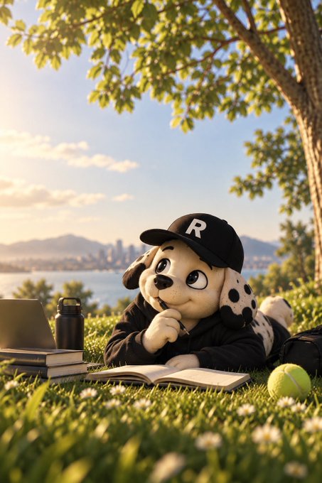 An animated anthropomorphic Dalmatian puppy wearing a black 'R' cap and hoodie lies on grass under a tree, studying with a notebook, books, laptop, and water bottle, with a city skyline across the bay in the background.