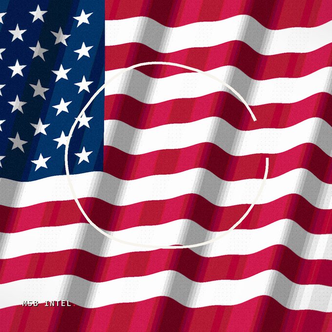 A waving American flag with a white circular stamp/mark in the center and the text 'MSB INTEL' in the bottom left corner.