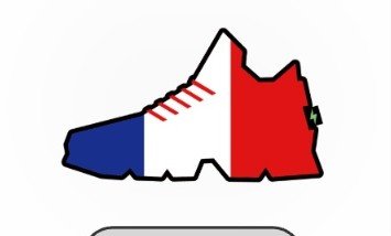 A simple graphic of a shoe, colored with the blue, white, and red pattern of the French flag.