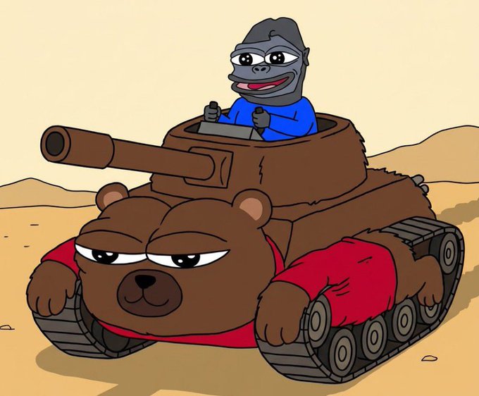 A cartoon illustration of a grumpy brown bear with tank treads and a red shirt, carrying a monkey in a blue shirt as the gunner in a turret on its back, set in a desert landscape.
