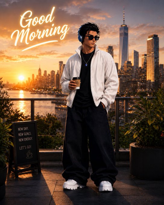 Stylized image of a young man wearing headphones, sunglasses, a white jacket, and black pants, holding a coffee cup against a sunset city skyline backdrop, with neon text 'Good Morning' and a sign reading 'NEW DAY, NEW GOALS, NEW ENERGY, LET'S GO!'