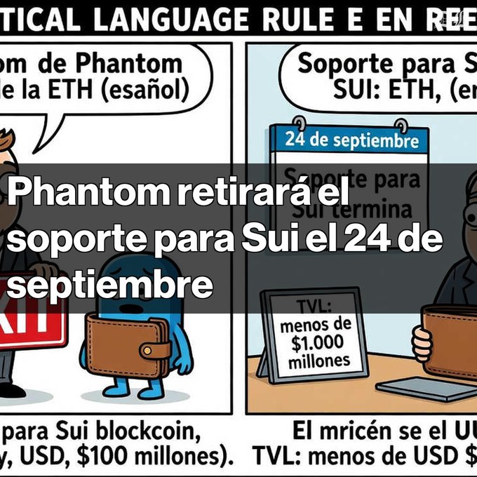 A Spanish-language meme featuring a sad cartoon character with the text 'Phantom retirará el soporte para Sui el 24 de septiembre' (Phantom will withdraw support for Sui on September 24), mentioning a TVL of less than $1,000 million.