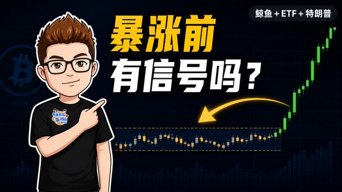 A crypto-themed thumbnail featuring a cartoon avatar pointing to a candlestick chart with Chinese text '暴涨前 有信号吗?' (Is there a signal before the surge?), with tags '鲸鱼+ETF+特朗普' (Whale + ETF + Trump).