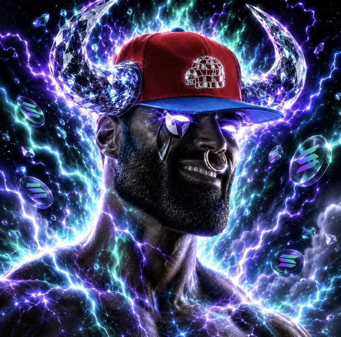 A vibrant digital artwork of a bearded man wearing a red baseball cap and glasses, surrounded by glowing purple and blue cosmic energy with floating cryptocurrency coin icons.