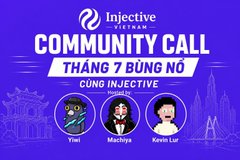 An Injective Vietnam promotional banner for a 'COMMUNITY CALL' event in July, featuring three speakers: Tien, Machya, and Kevin Luz.