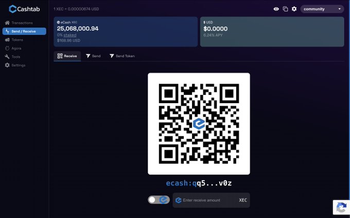 A screenshot of the Cashtab wallet application displaying a balance of 25,068,000.94 XEC ($168.96 USD) for 1 XEC, with a QR code and the address 'ecash:qq5...v0z' visible.