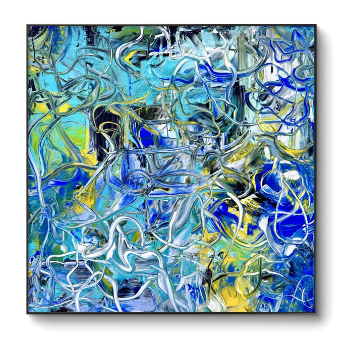 A square abstract painting featuring swirling, intertwined ribbons of blue, teal, yellow, and white against darker backgrounds, displayed in a black frame.