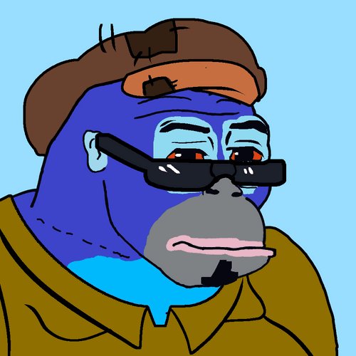 The image depicts a blue-furred gorilla wearing glasses, a brown cap, and a green shirt, styled in a modern, anthropomorphic cartoon aesthetic. It playfully relates to the phrase "Return to monke" by portraying a sophisticated, "civilized" version of a primate, humorously suggesting a monkey's progression into human society.