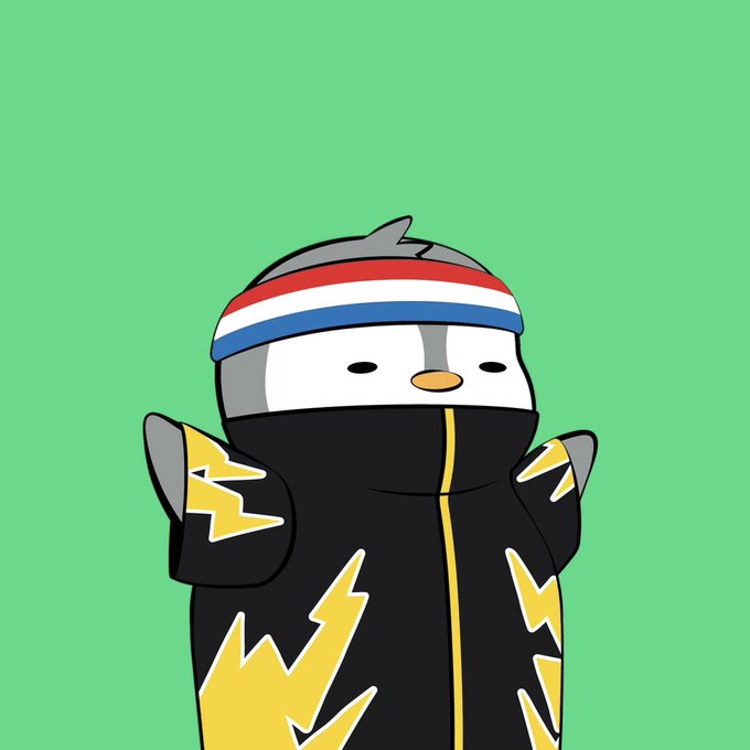 A cartoon illustration of a penguin-like character wearing a red, white, and blue striped headband and a black jacket with yellow lightning bolt designs against a green background.