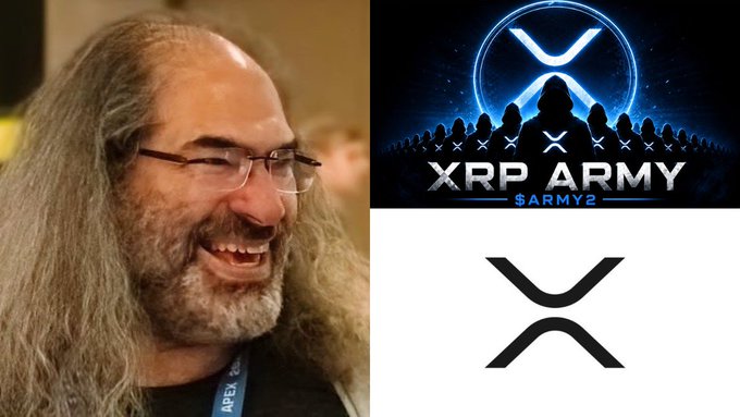 The image shows a smiling man with long gray hair and glasses alongside the XRP Army logo ($ARMY2) and the XRP cryptocurrency symbol, illustrating the rumored connection between Ripple CTO David Schwartz and the XRP Army community.