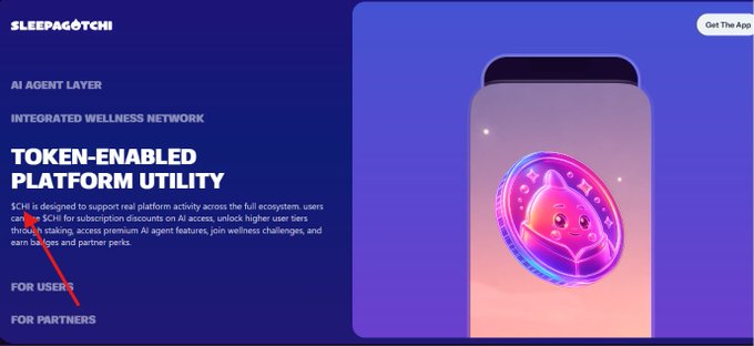 The image showcases Sleepagotchi's new $CHI token branding, featuring a purple "AI AGENT LAYER" section titled "TOKEN-ENABLED PLATFORM UTILITY" that explains how users can stake tokens for higher tiers and access premium AI features, alongside a phone displaying a pink cartoon mascot coin. A red arrow points to the "FOR USERS" tab, emphasizing the user benefits of the $CHI ecosystem that connects rewards and commerce across Sleepagotchi's expanding AI product suite.