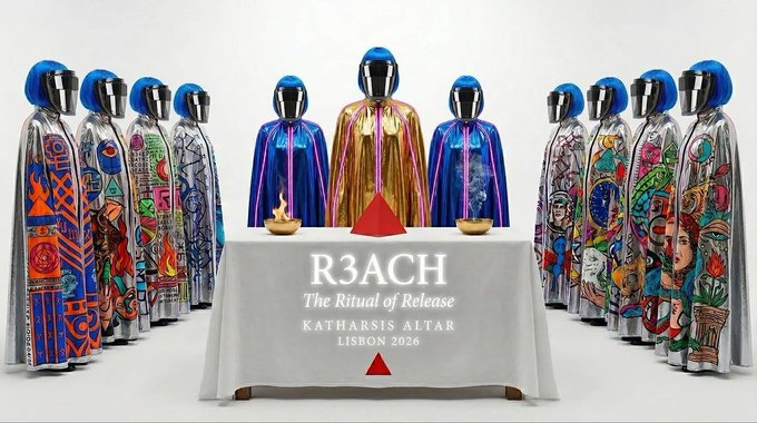 The image features a group of people dressed in robes, standing around a table with a white cloth draped over it. The table has a banner that reads "R3ACH" and "The Ritual of Release", indicating an event or gathering related to the R3ACH ritual. The text on the banner also mentions that this is happening at Lisbon on June 5th at 6pm, which suggests that there might be some sort of ceremony or performance taking place during this time.