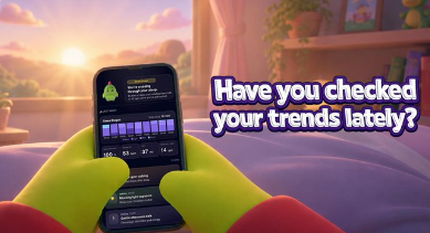 A character holds a smartphone displaying what appears to be the Sleepagotchi app, which features a cute avocado-like creature and sleep tracking data, set against a cozy bedroom backdrop with a window showing a sunset. The text overlay asks "Have you checked your trends lately?" The image directly supports the accompanying post about Sleepagotchi's unique approach to wellness tracking, where an AI agent analyzes sleep, habits, recovery, and patterns to provide actionable insights rather than just raw scores.