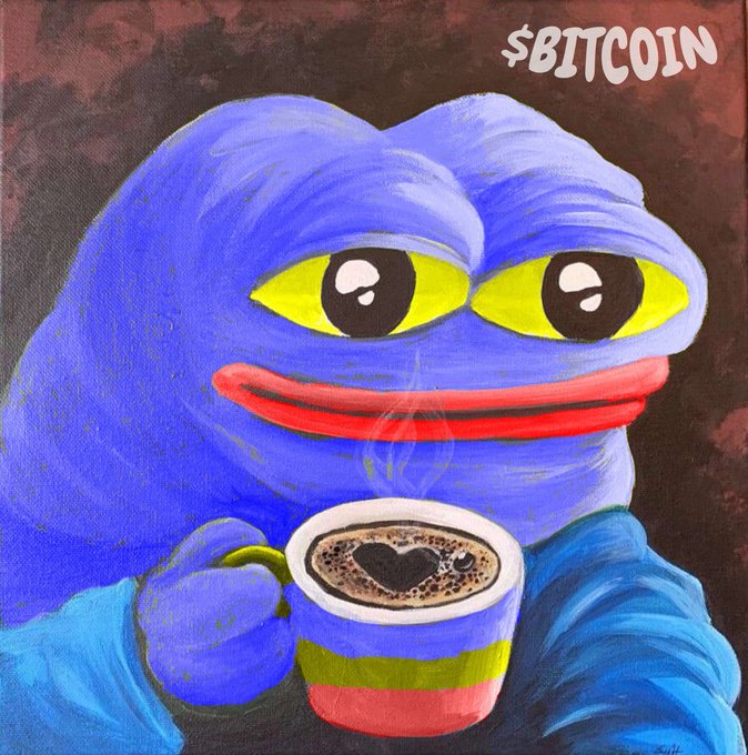 A painting featuring a blue frog-like creature with yellow eyes and red lips holding a coffee cup with heart-shaped latte art, labeled with '$BITCOIN' in the top right corner.