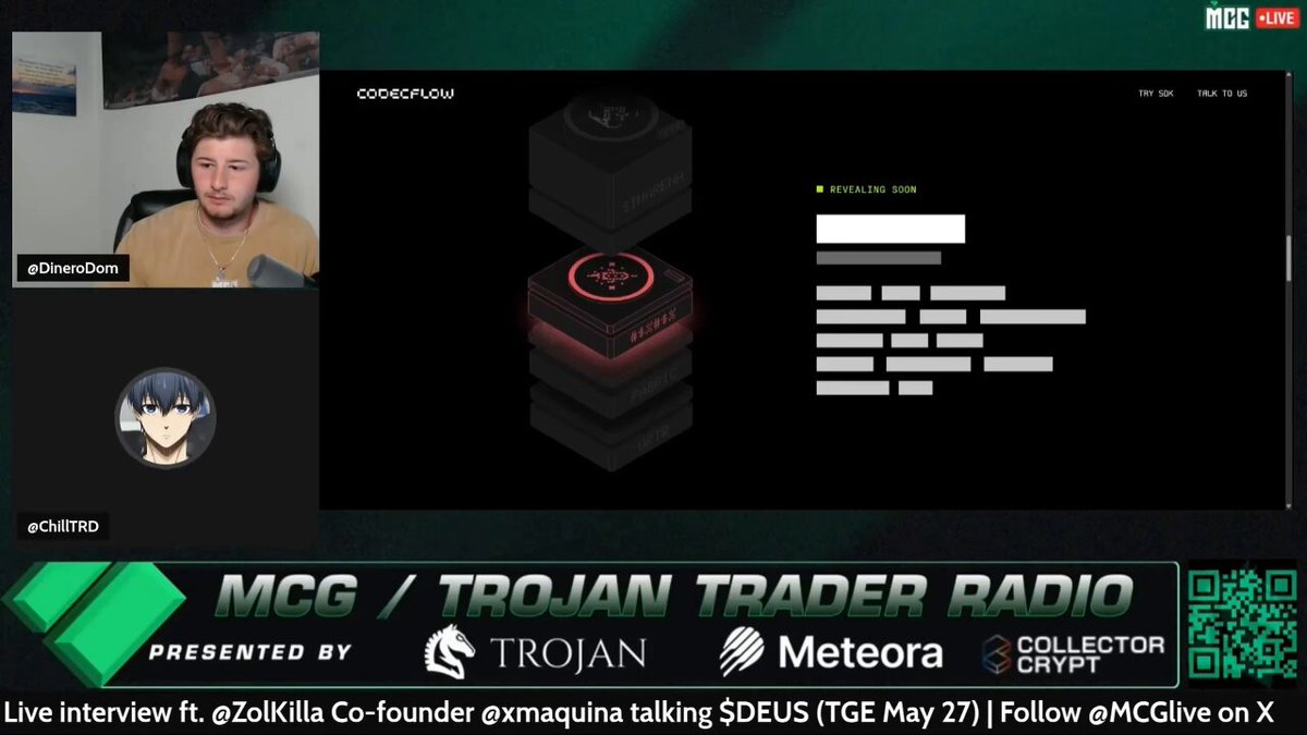 The image features a computer screen with an overlay containing the text "MCG/Trojan Trader Radio" at the top, along with some logos such as "Zolofta Co-founder" and "xNaguina talking ...". The screen also shows a man in a gaming or streaming context. Nearby is a poster for a meteorology event that includes an image of a weather vane on it. On this poster, there are several people present but only three are clearly visible to the viewer - one person at the center and two others towards the right side of the poster. Additionally, there's text above these people stating "Live! Meteorology event. May 27. Collector event. Follow @xNaguina." and "Given on xnagirl.com".