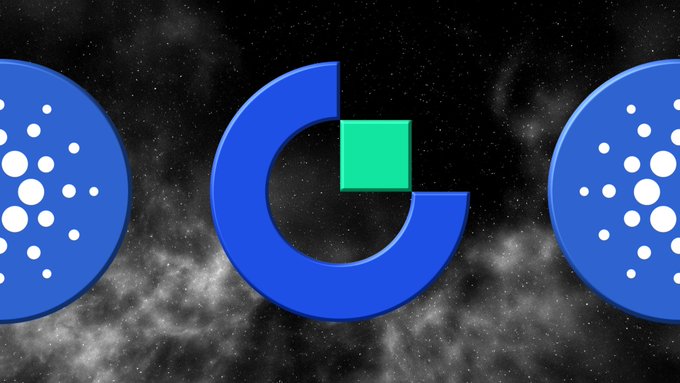 Cardano (ADA) cryptocurrency logo displayed against a starry cosmic background, featuring the blue circular emblem with white dots flanking the central 'C' symbol.