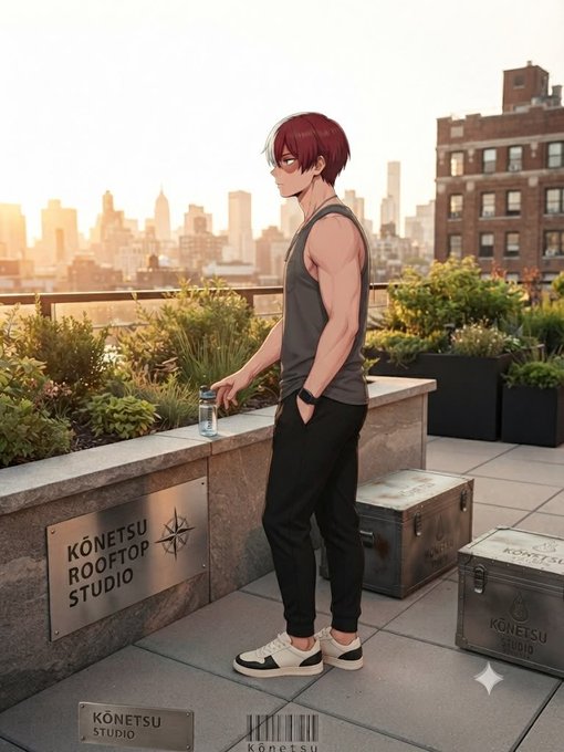 An anime-style illustration of a red-haired young man in a tank top standing on a rooftop, with signage reading 'KONETSU ROOFTOP STUDIO'.