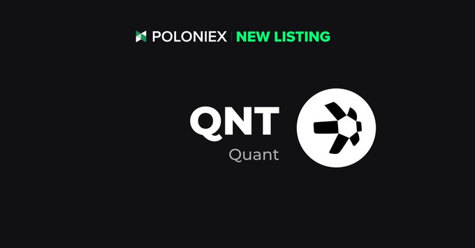 Announcement banner from Poloniex announcing a new listing for QNT (Quant) cryptocurrency, displaying the Poloniex logo and Quant's symbol on a dark background.
