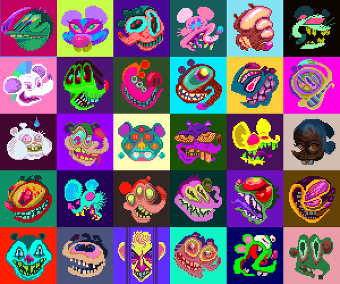 A colorful pixel art grid displays 30 grotesque, cartoonish monster faces with menacing teeth and various designs in bright neon colors.