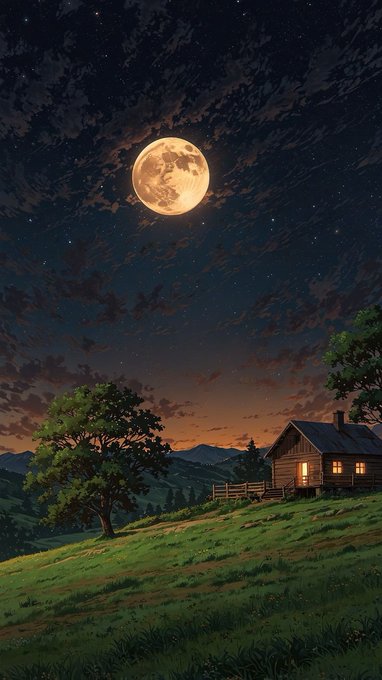 A digital illustration of a wooden cabin with lit windows on a grassy hill, set against a backdrop of mountains, a dark starry sky, and a large, bright full moon.