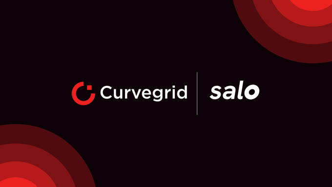 A corporate logo screen showing 'Curvegrid | salo' in white text on a dark red background with circular red design elements.