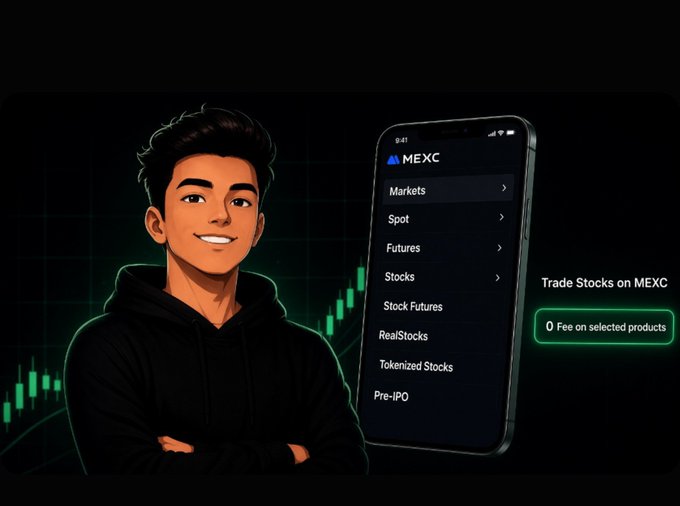An advertisement for MEXC cryptocurrency exchange featuring a cartoon character and a phone showing trading options like Markets, Spot, Futures, Stocks, Stock Futures, RealStocks, Tokenized Stocks, and Pre-IPO, with the text 'Trade Stocks on MEXC - 0 Fee on selected products'.
