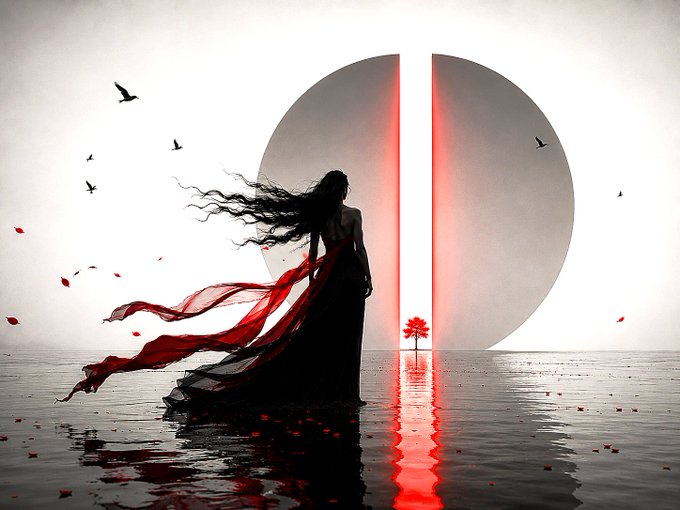 A digital artwork depicting a woman in a flowing red and black dress standing before a large circle split by a glowing red vertical beam, with birds and falling petals around her.