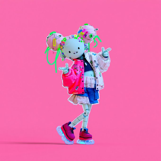 A robotic figure with a Hello Kitty-style bear head featuring neon green pigtails, wearing a pink and white jacket and skirt, poses on glowing roller skates against a bright pink background. The image illustrates the playful, mech-inspired aesthetic of the "RebelKin" NFT character, whose stilts, mechanical body, and toy-like design suggest a fusion of toy collectibles and cybernetic style being celebrated at the project's halfway milestone.