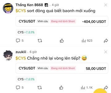A social media post in Vietnamese discussing the stock ticker $CYS, showing a user named 'Thắng Ken 8668' commenting about a loss of -404.00 USDT and another user 'zuukii' posting about a profit of 58.00 USDT.