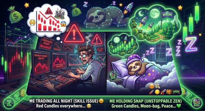 Split-panel crypto meme contrasting a stressed trader at red-candle screens labeled 'ME TRADING ALL NIGHT (SKILL ISSUE) - Red Candles everywhere...' with a sloth dreaming peacefully under 'ME HOLDING SNAP (UNSTOPPABLE ZEN) - Green Candles, Moon-bag, Peace...' featuring WAGMI and SNAP references.